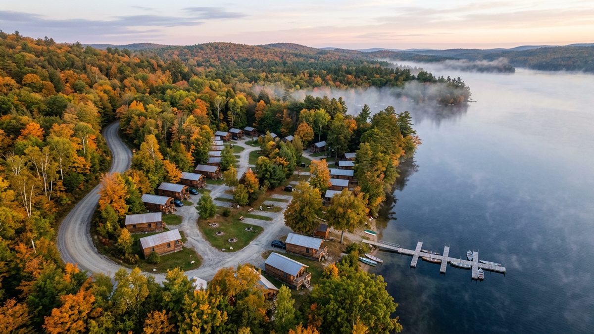 Un camping au bord d’un lac, vu du ciel à l’automne
