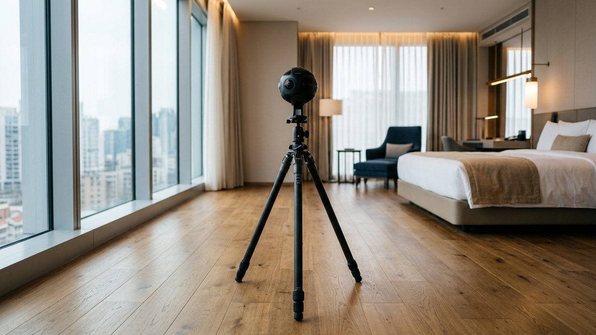 Une caméra 360° sur trépied, au milieu d’une chambre d’hôtel vide