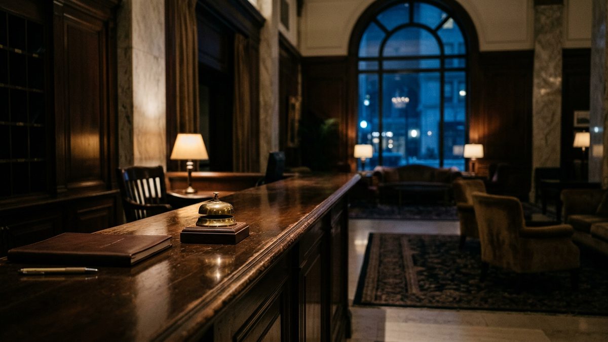 Un comptoir d’accueil désert la nuit, avec une sonnette de service