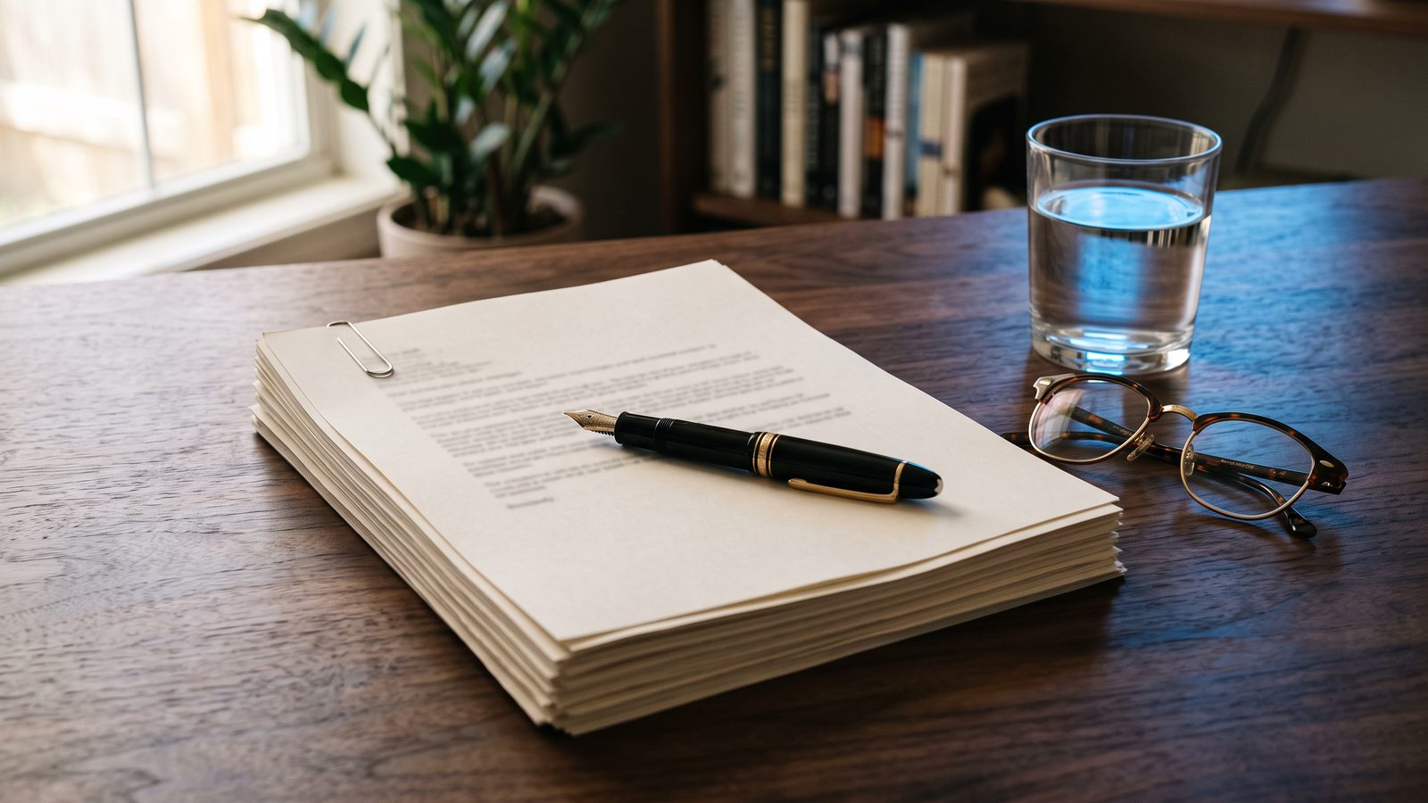 Une liasse de documents imprimés et un stylo sur un bureau
