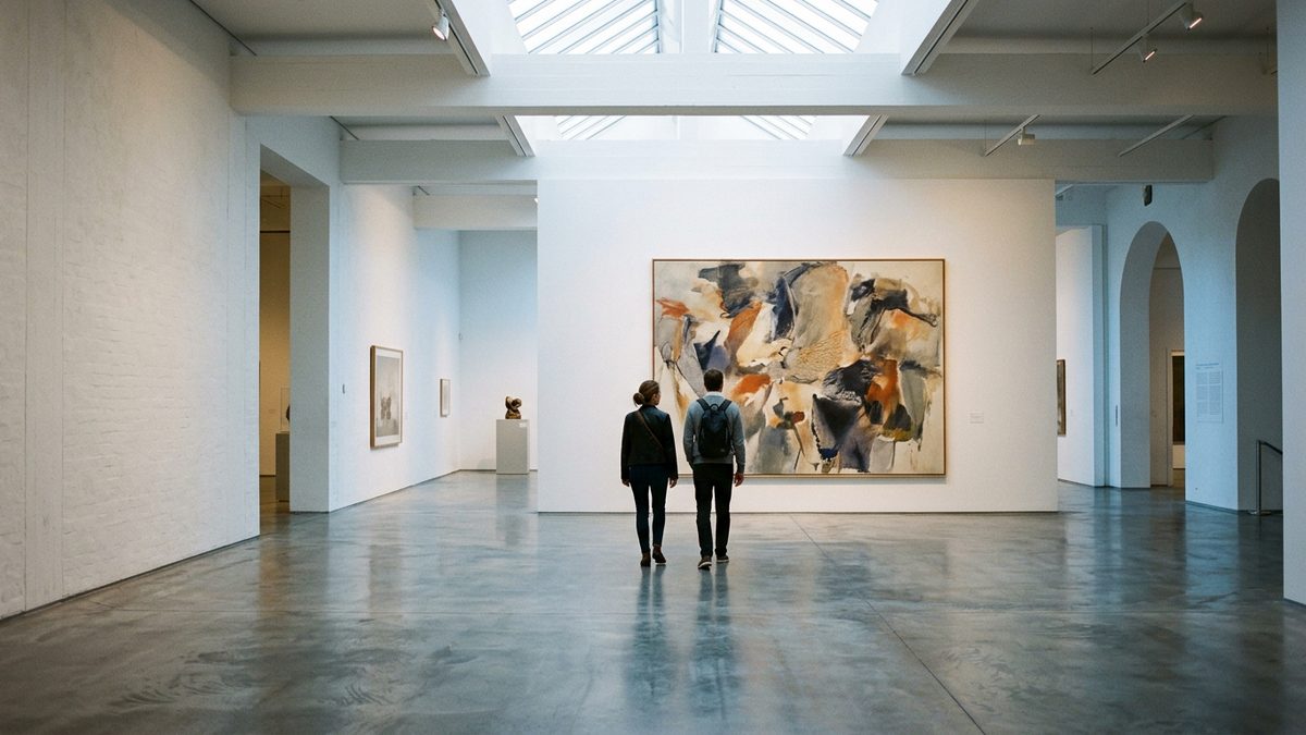 Deux visiteurs devant une grande toile, dans une salle de musée