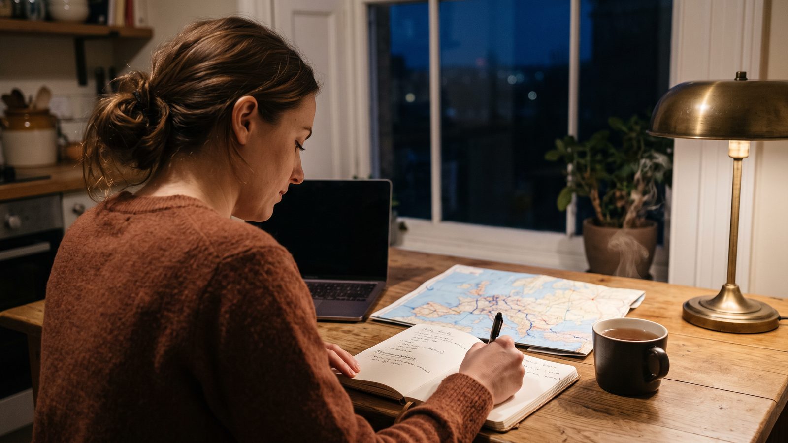 Une voyageuse prépare son séjour le soir, carnet et carte sur la table