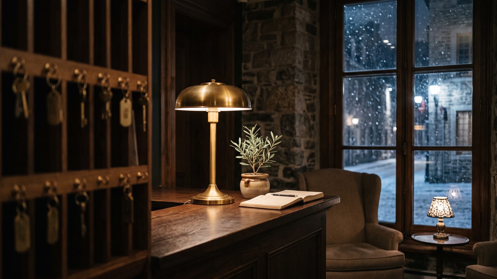 La réception déserte d’un petit hôtel québécois, la nuit, sous la neige
