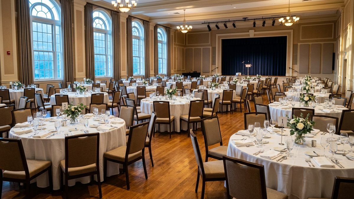 Une salle de banquet dressée en tables rondes, avant l’événement