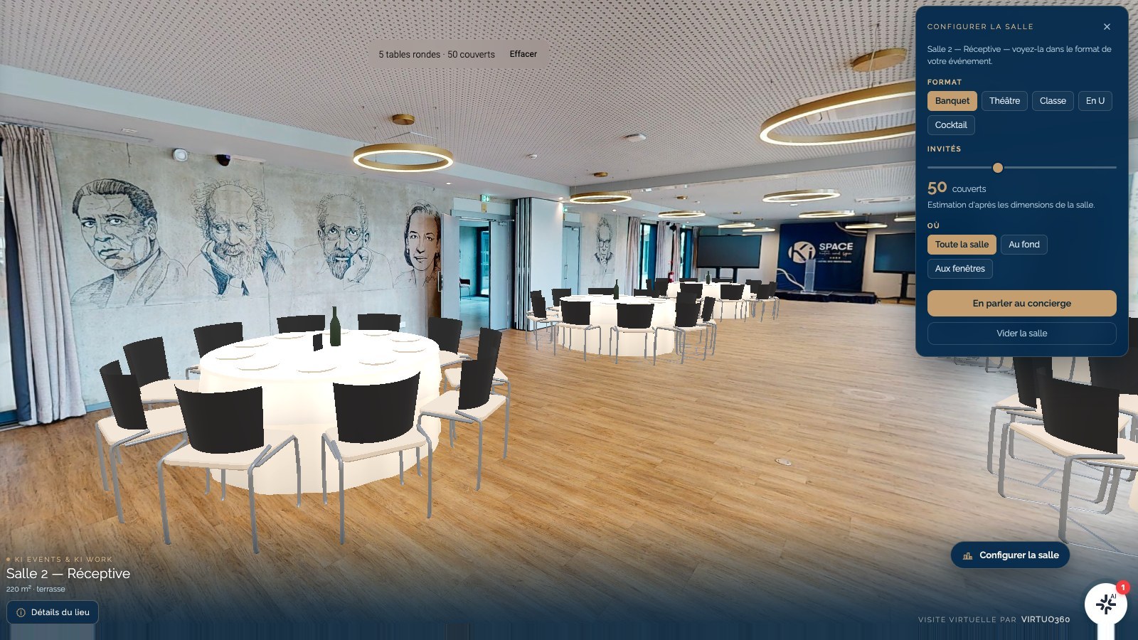Le panneau de configuration d’une salle dans la visite, en banquet pour 50 couverts
