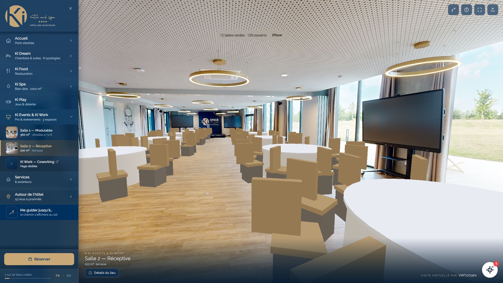 Salle 2, douze tables rondes, 120 couverts