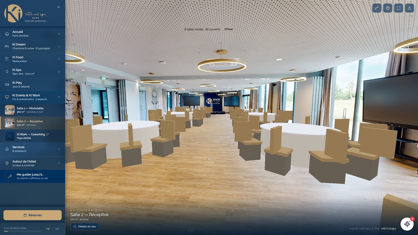 Salle 2, huit tables rondes, 80 couverts