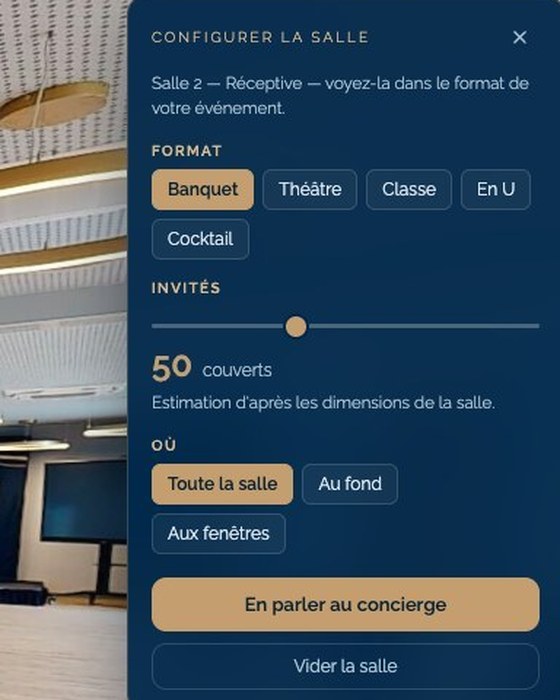 Le panneau de la Salle 2 dans la visite : les cinq formats de salle et le nombre d’invités