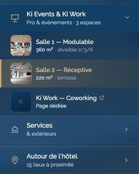 Le menu de la visite : Salle 1 Modulable 360 m² divisible, Salle 2 Réceptive 220 m² avec terrasse, et les quinze lieux à proximité