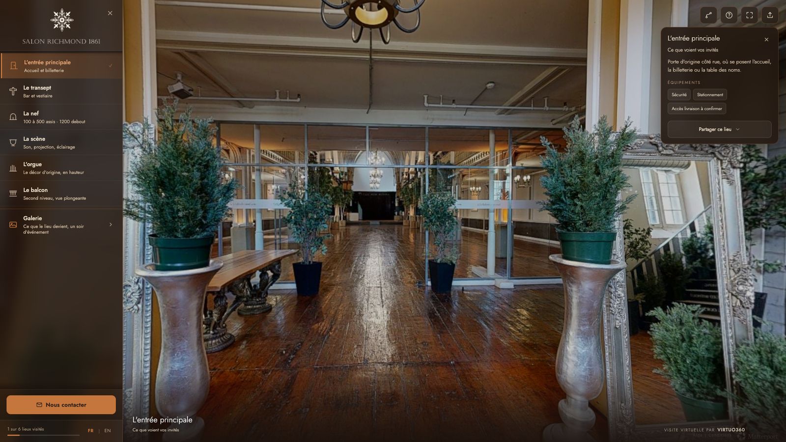L’entrée du Salon Richmond 1861, avec la capacité de chaque espace dans le menu