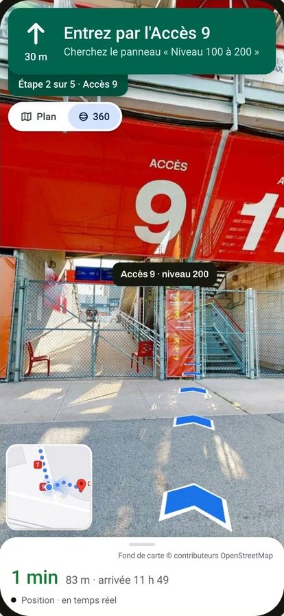 La même étape en vue 360°, avec les flèches à suivre au sol